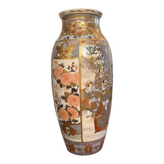 Monumental 24” Antique Japanese Meiji Period Kyoto Satsuma Palace Floor Vase, Court Scene & Peony Panels For Sale