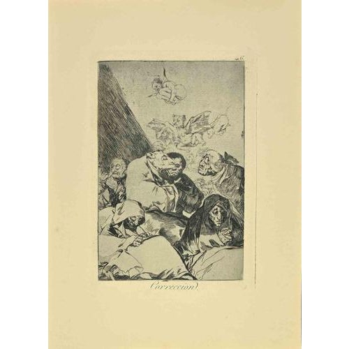 Correccion is a black and White aquatint, drypoint, and etching printed in blue-black ink on laid paper from Caprichos...