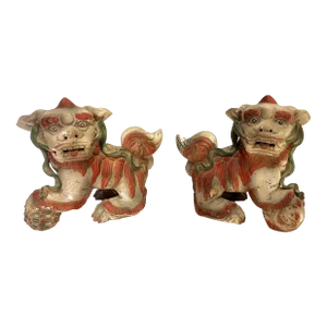 Vintage Chinese Pottery Foo Dogs With an Unglazed Polychrome Finish- a Pair
