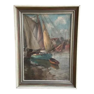 Late 19th Century Friedrich Raupp Oil on Canvas Sailboats in Harbor