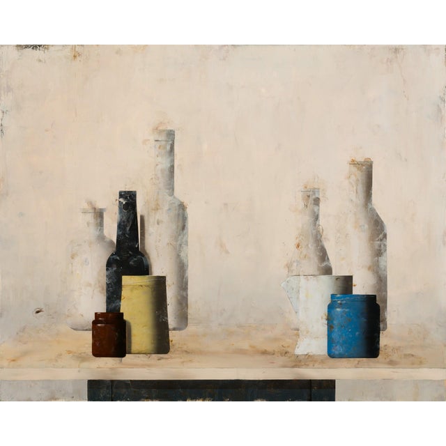 Structure 3 by Matthew Saba | Oil on panel Still life of bottles and jars on a table For Sale