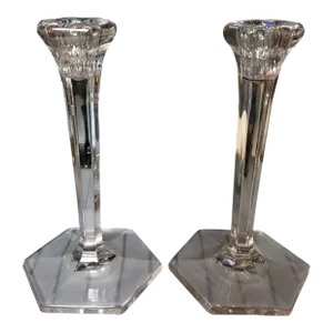 Circa 1930 Art Deco Pressed Glass Hexagonal Candlesticks - a Pair