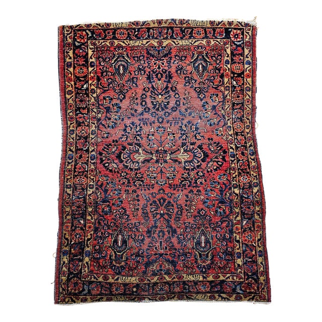 Vintage Persian Sarouk Area Rug, Hand-Knotted Wool, Allover Floral Pattern, 3x5, Red& Navy For Sale