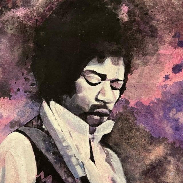 Textile Jimmy Hendrix Portrait Playing Guitar on Purple Tie Dye Canvas by British Artist 2015 Circa For Sale - Image 7 of 13