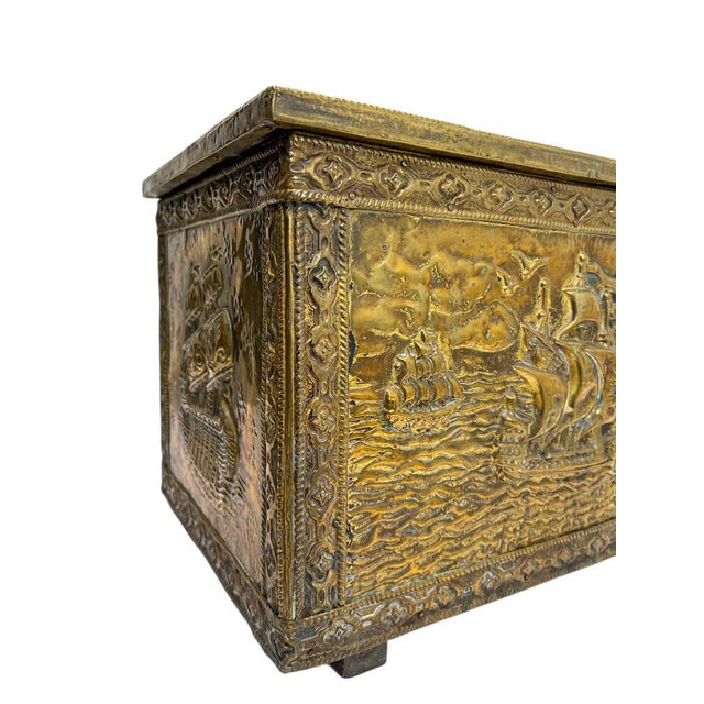 Wood Ornate Embossed Brass Log Box with Ships Scène, 1920s For Sale - Image 7 of 13