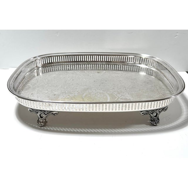 French Country Antique Silverplate Gallery Tray – Engraved Serving Tray With Cast Feet, c.1900 Bar Cart Entertaining For Sale - Image 3 of 12