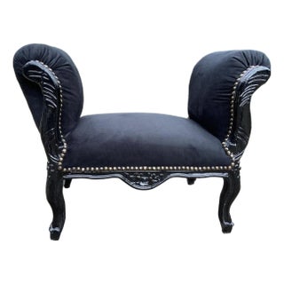 Late 20th Century French Louis XVI Black Velvet Beech Wood Bench For Sale