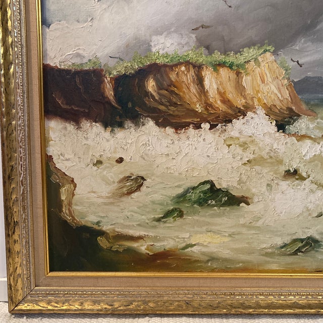 Mid-Century Modern Mid-Century Oil on Board Iberian Seascape by Spanish Artist Lanas in Giltwood Linen Frame For Sale - Image 3 of 12