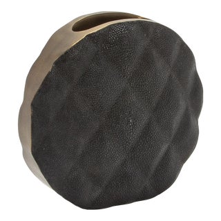Modern Quilted Vase in Black Shagreen With Brass Details by Kifu Paris For Sale