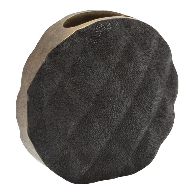 Modern Quilted Vase in Black Shagreen With Brass Details by Kifu Paris For Sale