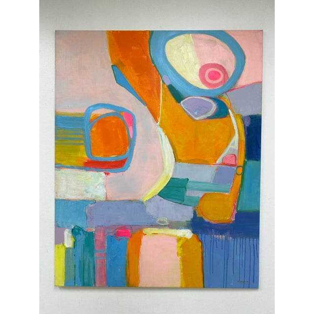 A bold and uplifting original oil painting on canvas featuring vibrant shapes and saturated color layered with movement...