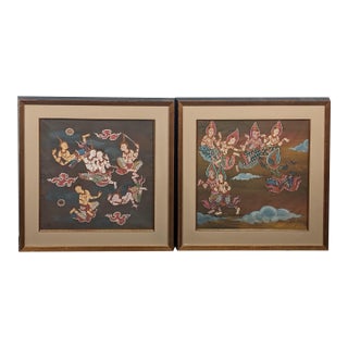 Late 20th Century Pair of Thai Celestial Figure Paintings on Fabric, Gilt Frames For Sale