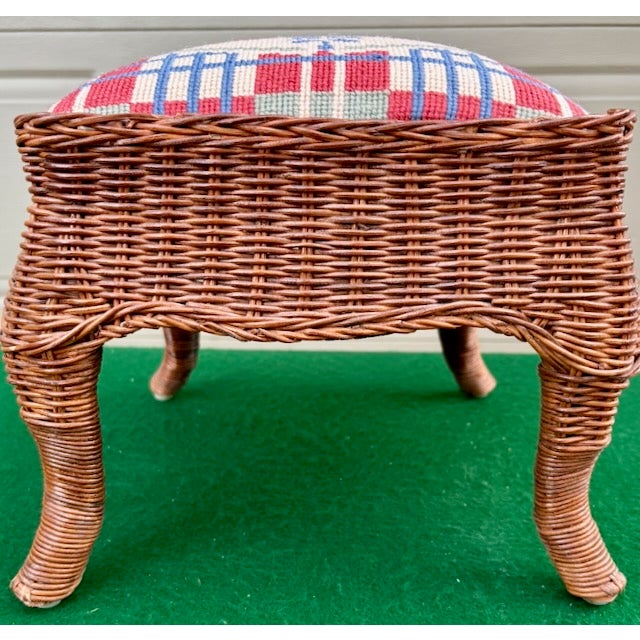 Tan Vintage Wicker Footstool With Needlepoint Top For Sale - Image 8 of 10