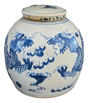 Vintage Chinoiserie Porcelain Large B & W Flying Dragons Ginger Jar 11" H