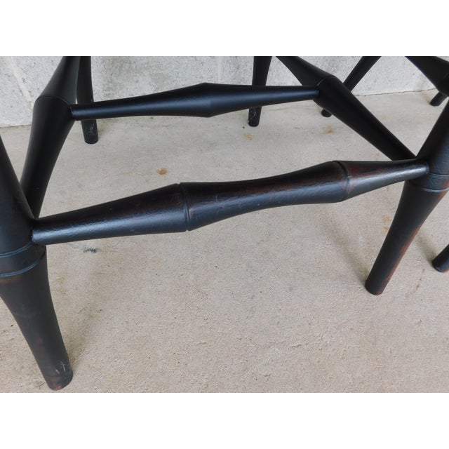 Custom Black Distressed Hoop Back Windsor Style Counter Height Stools - A Pair For Sale - Image 11 of 17