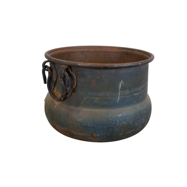 Rustic Antique Hammered Copper Cauldron Cook Pot Kettle With Iron Handles For Sale - Image 3 of 12