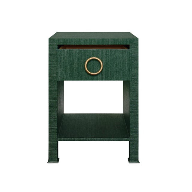Contemporary Matthew Izzo Home Malcolm Green Grasscloth One Drawer Side Table With Brass Drawer Pull For Sale - Image 3 of 6