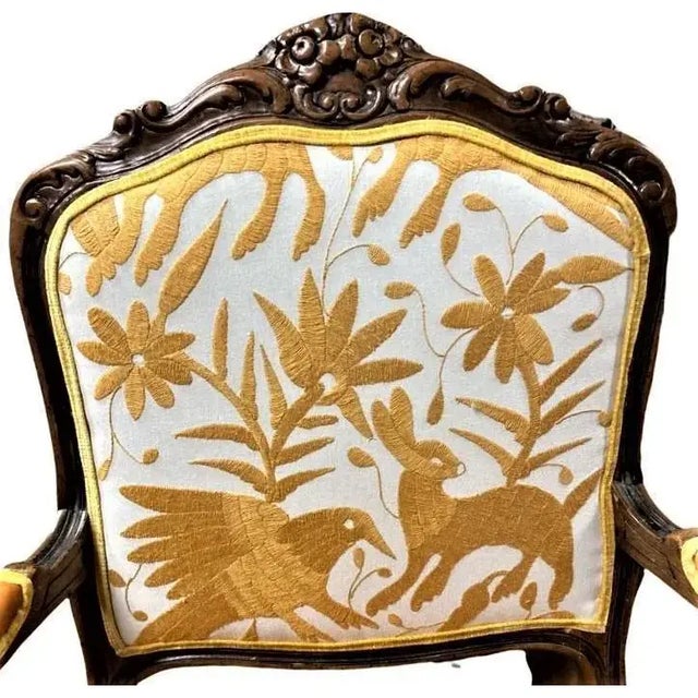 Mexican 'Empress Carlota' Louis XV Pair of Fauteuils - Carved Walnut Reupholstered With Otomi Hand Embroidery and Cognac Leather For Sale - Image 3 of 6