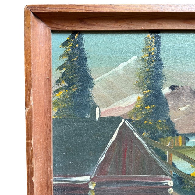 Mid 20th Century Mid-Century Folk Art Mountain Cabin Landscape Oil Painting in Walnut Frame For Sale - Image 5 of 11