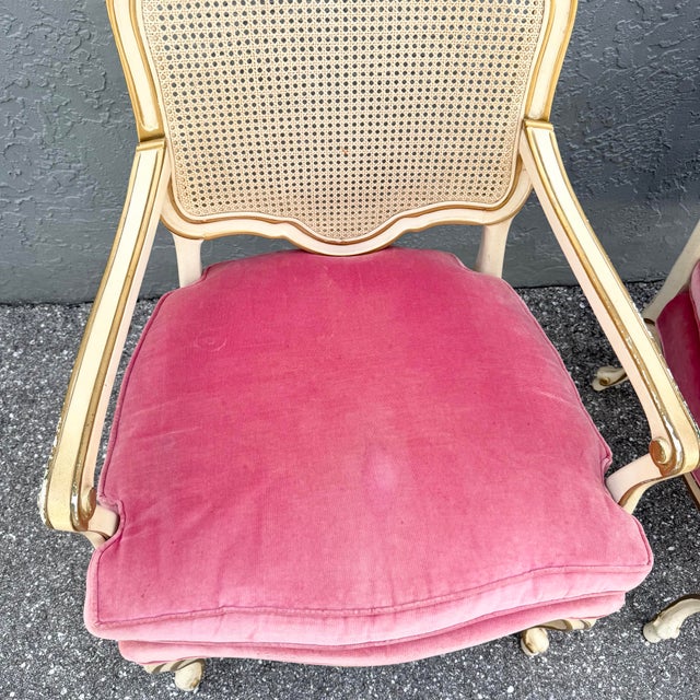Wood Vintage French Provincial Pink Velvet and Cain Back Chairs - A Pair For Sale - Image 7 of 11