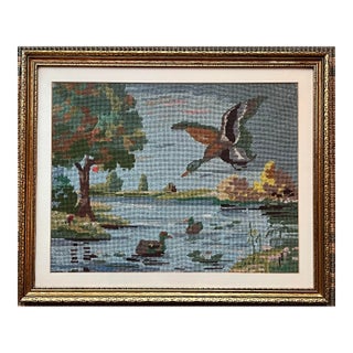 Vintage Framed Needlepoint Landscape With Ducks For Sale