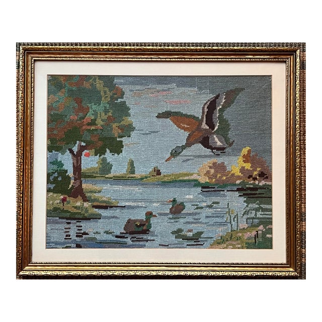 Vintage Framed Needlepoint Landscape With Ducks For Sale