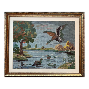 Vintage Framed Needlepoint Landscape With Ducks