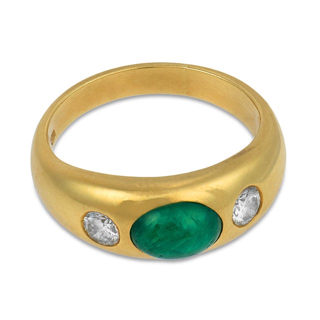 Contemporary Vintage Emerald Diamond Bezel Set 18k Yellow Gold Ring, Size 5.5 For Sale - Image 3 of 6