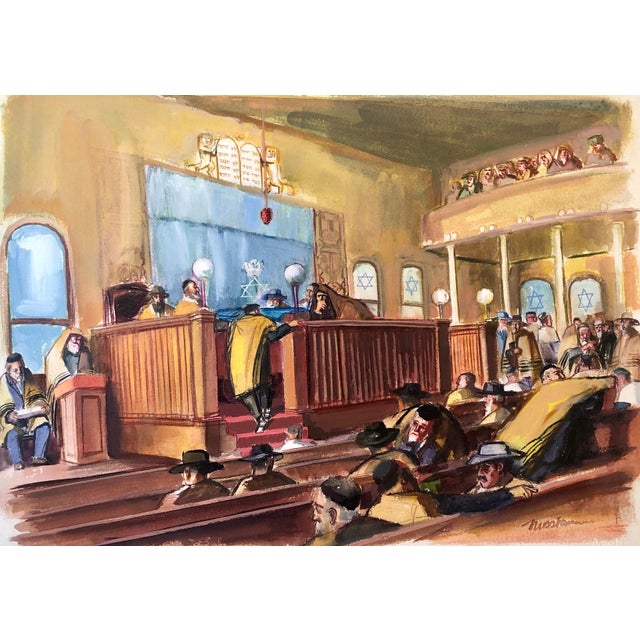 Ervin B. Nussbaum, Modernist American Judaica Painting Synagogue Interior Ladies Section WPA Era For Sale