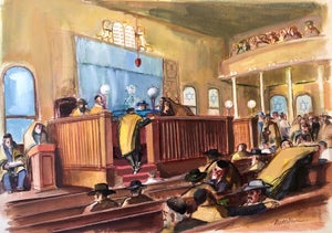Ervin B. Nussbaum, Modernist American Judaica Painting Synagogue Interior Ladies Section WPA Era