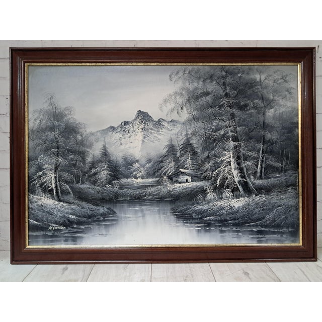 1980s Large Oil Painting, Black & White Winter Landscape on Canvas, H. Gamlen, 1980 For Sale - Image 5 of 18