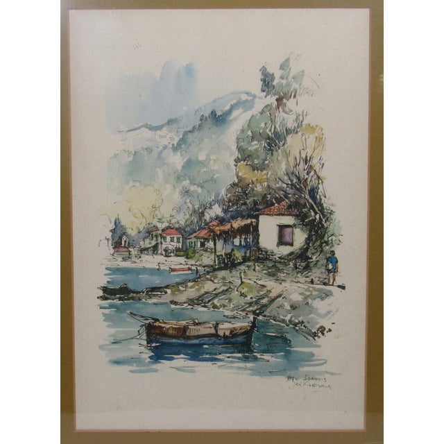 Charming Village Scene Watercolor by Aghi Ioannis & Jan Verhuls Step into the tranquility of a quaint village with this...