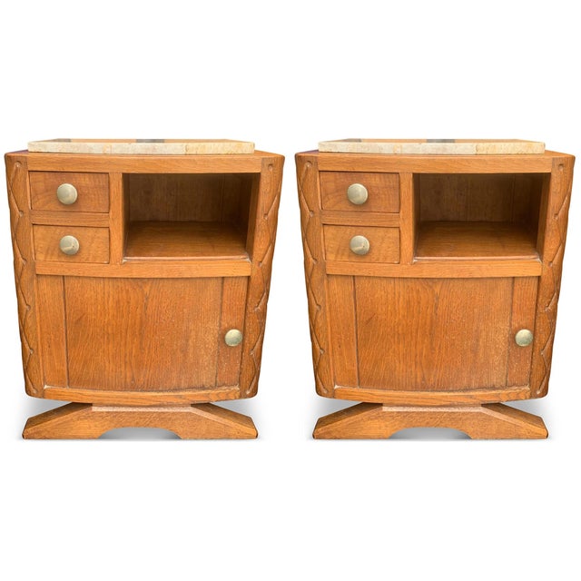 1930s Art Deco Nightstands in Limed Oak with Carved Oak Marble Top, 1930s, Set of 2 For Sale - Image 5 of 5