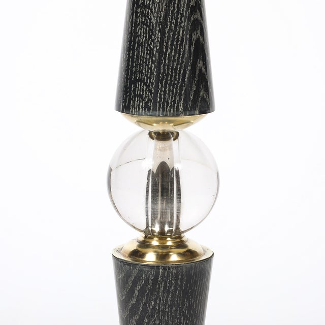 Wood 1960s Mid-Century Tapered Brass & Silver Cerused Walnut Table Lamps W/ Sphere Detail For Sale - Image 7 of 15