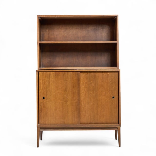 Wood Paul McCobb for Planner Group Mid Century Sliding Door Cabinet With Hutch - Pair For Sale - Image 7 of 14