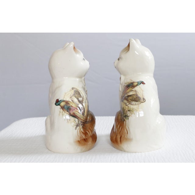 Pair of Staffordshire English Porcelain Cats With Painted Pheasants For Sale - Image 14 of 15