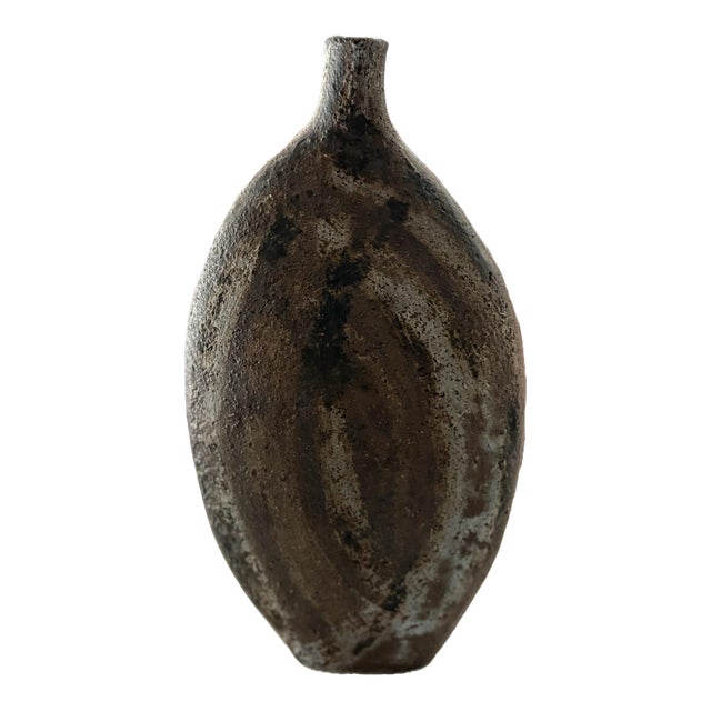 Vintage Studio Pottery Sculptural Vase — Smoky Reduction‑Fired Stoneware, Organic Modern Form For Sale