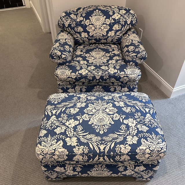Textile Blue and White Club Chair With Ottoman For Sale - Image 7 of 12