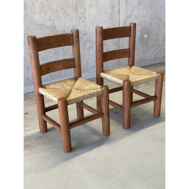 Mid-Century Modernist Wood and Rush Dining Chairs in the style of Charles Dudouyt, 1960s, Set of 2 For Sale - Image 4 of 16