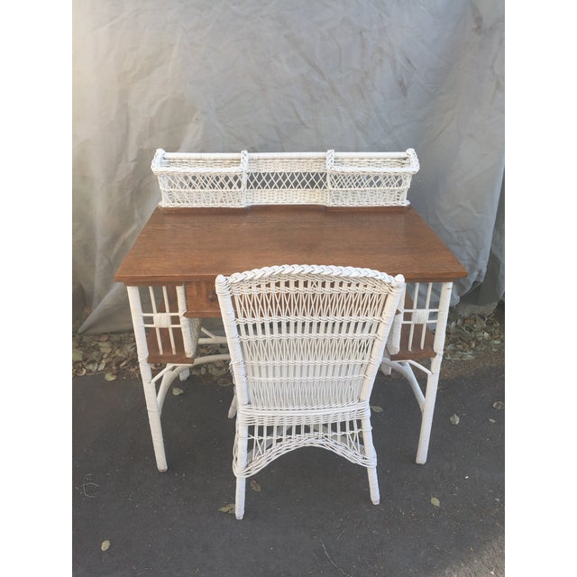 Antique Heywood Wakefield White Wicker and Dark Oak Desk and Chair Set