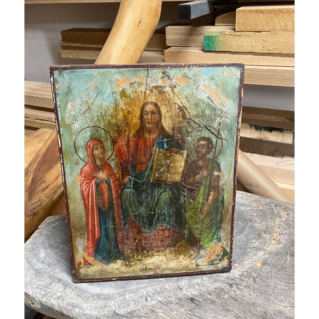 19th century hand painted piece. Original purchased in 2006 at Uzbekistan bazaar. Saints: Virgin Mary and Saint John the...