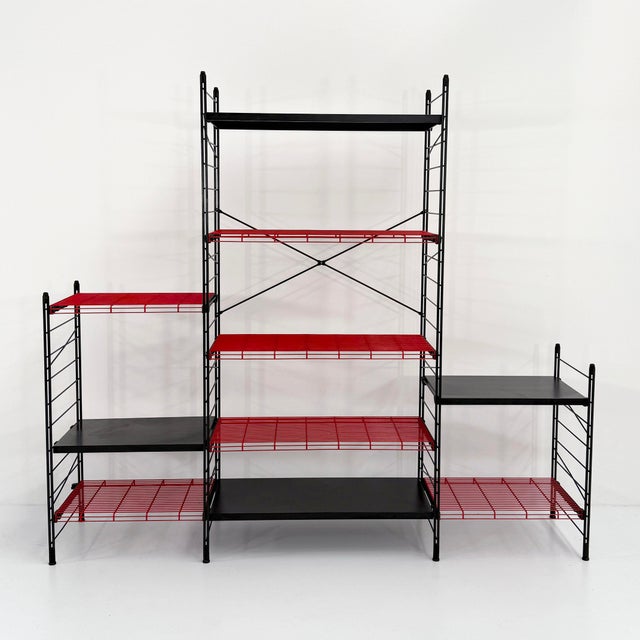 Postmodern Vintage Black and Red Bookshelf in Metal, 1980s For Sale - Image 3 of 9