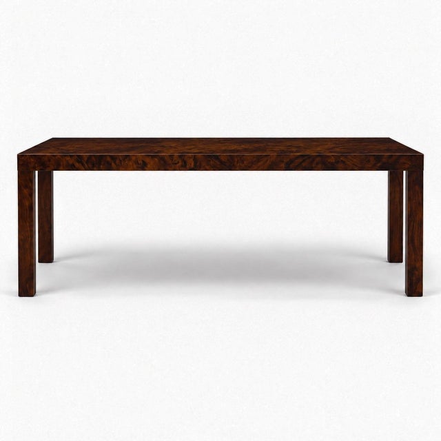 This is a mid-century modern Calvin Furniture for Directional burl walnut veneer Parsons style coffee table. It is marked...