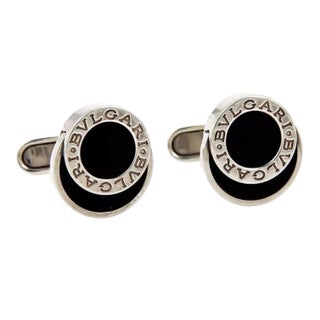 Bvlgari Onyx Engraved Sterling Silver Fancy Round Button Stud Cufflinks - 2 Pieces For Sale