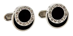 Bvlgari Onyx Engraved Sterling Silver Fancy Round Button Stud Cufflinks - 2 Pieces