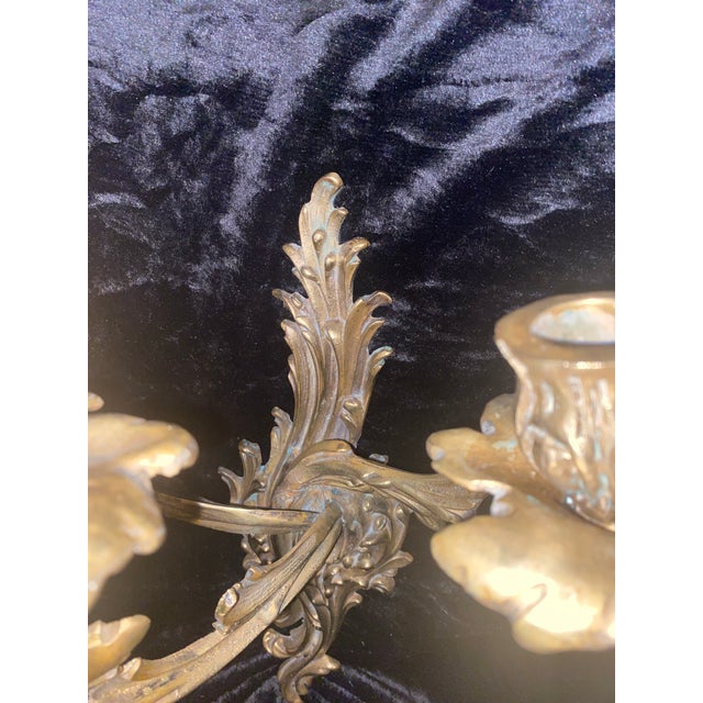 Bronze 1920s Bronze Sconces Baroque Rococo Louis XV French Style Acanthus Leaf Forms 3 Candle Burning For Sale - Image 8 of 10