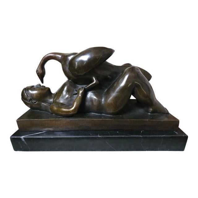 Rubin, French B. 1841 Leda and the Swan, Bronze Sculpture on Marble Plinth For Sale