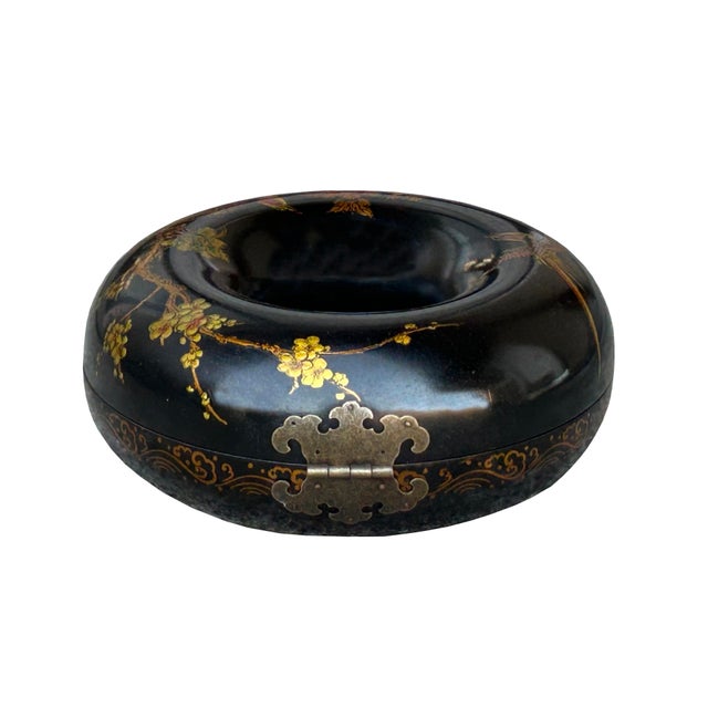 Oriental Black Flower Bird Graphic Donut Shape Container Box For Sale - Image 4 of 9