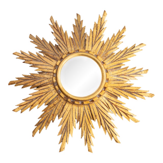 Mid Century French Giltwood Sunburst Convex Mirror For Sale