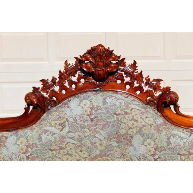 Antique Victorian Rococo Revival Hand-Carved Rosewood Sofa – Early 20th Century Ornate Floral Upholstered Couch For Sale - Image 4 of 16